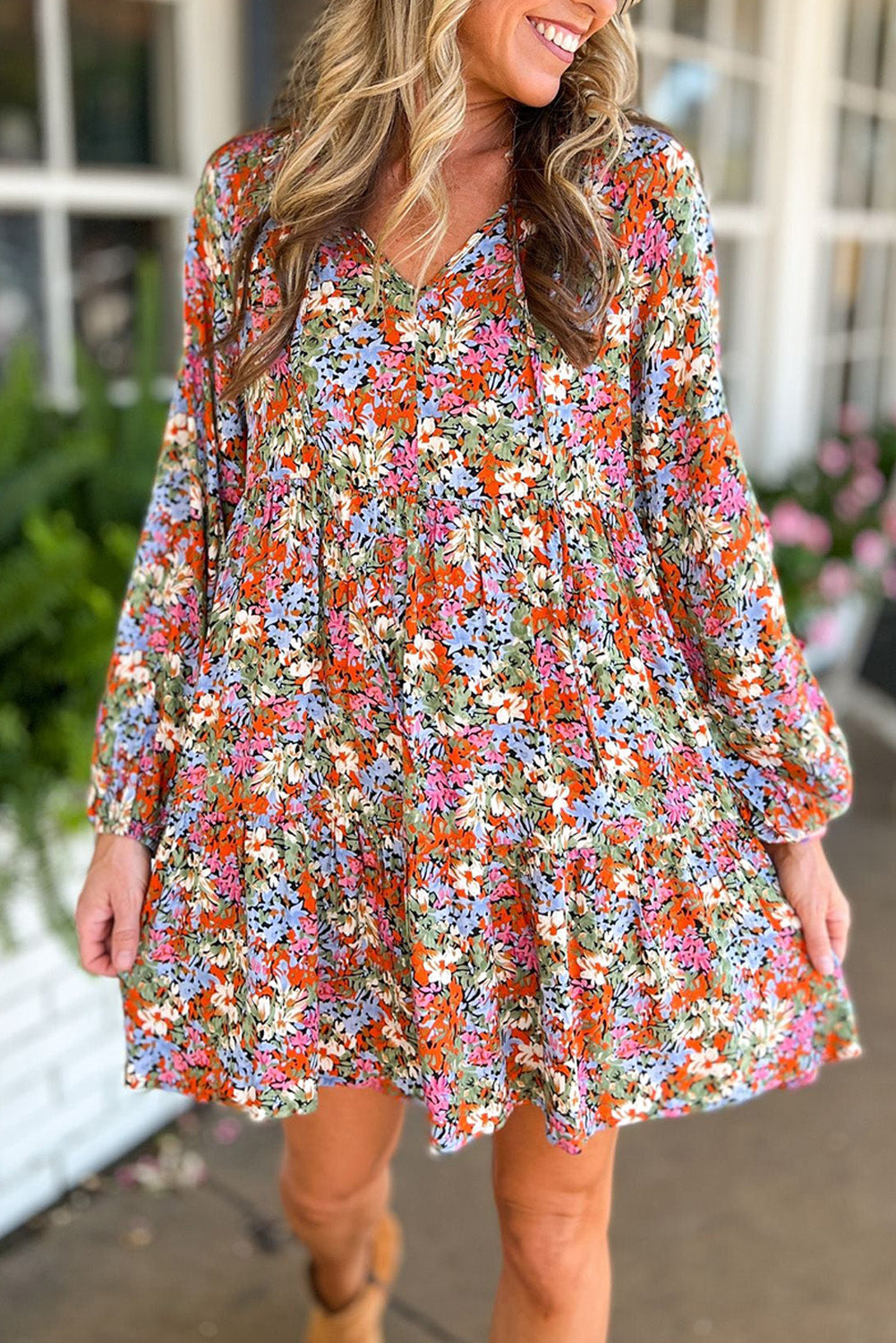 Multicolor Floral Neck Tie Long Sleeve Flared Dress