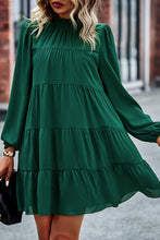 Load image into Gallery viewer, Green Puff Sleeve Mock Neck Back Knot Tiered Dress
