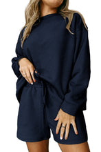 Load image into Gallery viewer, Navy Blue Textured Long Sleeve Top and Drawstring Shorts Set
