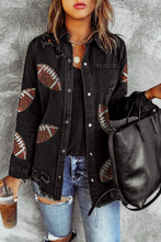 Load image into Gallery viewer, Black Sequined Rugby Graphic Frayed Denim Shacket
