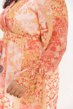 Load image into Gallery viewer, Orange Boho Floral Wrap V Neck Tie Long Sleeve Dress
