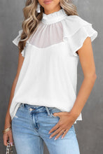 Load image into Gallery viewer, Sheer Ruffle Sleeve Splice Mock Neck Blouse
