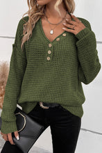 Load image into Gallery viewer, Pickle Green Pointelle Knit Button V Neck Drop Shoulder Sweater
