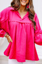 Load image into Gallery viewer, Rose Crinkle Collared V-Neck Bubble Sleeve Flowy Blouse
