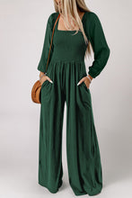 Load image into Gallery viewer, Green Smocked Square Neck Long Sleeve Wide Leg Jumpsuit
