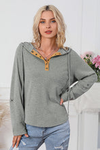 Load image into Gallery viewer, Gray Quarter Buttoned Drawstring Pullover Hoodie
