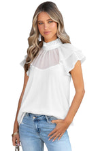 Load image into Gallery viewer, Sheer Ruffle Sleeve Splice Mock Neck Blouse
