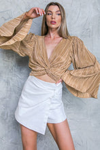 Load image into Gallery viewer, Camel Pleated Bell Sleeve Twist V Neck Cropped Blouse
