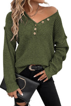 Load image into Gallery viewer, Pickle Green Pointelle Knit Button V Neck Drop Shoulder Sweater
