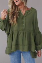 Load image into Gallery viewer, Green Henley Button Drop Shoulder Loose Sleeve Raw Edge Top
