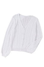 Load image into Gallery viewer, White Solid Cable Knit V-Neck Puff Sleeve Cardigan

