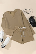 Load image into Gallery viewer, Khaki Exposed Seam Textured Long Sleeve Top Shorts Set
