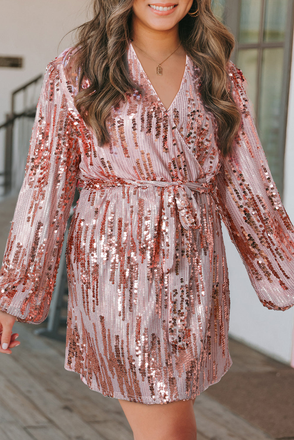 Pink Sequin Bubble Sleeves Short Wrap Dress