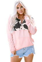 Load image into Gallery viewer, Pink Cow Spots Patchwork Half Zip Drawstring Hoodie
