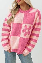 Load image into Gallery viewer, Strawberry Pink Checkered Floral Print Striped Sleeve Sweater
