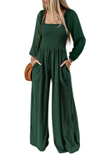 Load image into Gallery viewer, Green Smocked Square Neck Long Sleeve Wide Leg Jumpsuit
