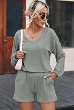 Load image into Gallery viewer, Grass Green Corded V Neck Slouchy Top Pocketed Shorts Set
