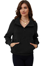 Load image into Gallery viewer, Black Zip Up Stand Collar Ribbed Thumbhole Sleeve Sweatshirt
