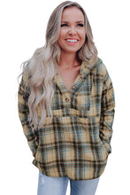 Load image into Gallery viewer, Khaki Plaid Button Neck Pocketed Pullover Hoodie
