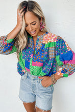 Load image into Gallery viewer, Multicolor Floral Patchwork Print Buttoned Puff Sleeve Shirt
