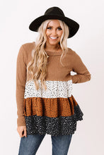 Load image into Gallery viewer, Brown Ribbed Long Sleeve Dotted Tiered Ruffled Flowy Top
