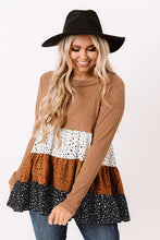 Load image into Gallery viewer, Brown Ribbed Long Sleeve Dotted Tiered Ruffled Flowy Top
