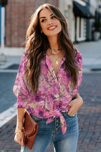 Load image into Gallery viewer, Purple Floral Print Button Up Puff Sleeve Shirt
