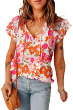 Load image into Gallery viewer, Multicolor Split V Neck Ruffle Sleeve Floral Blouse
