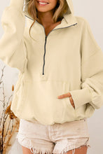 Load image into Gallery viewer, Beige Ribbed Trim Kangaroo Pocket Zipped Hoodie
