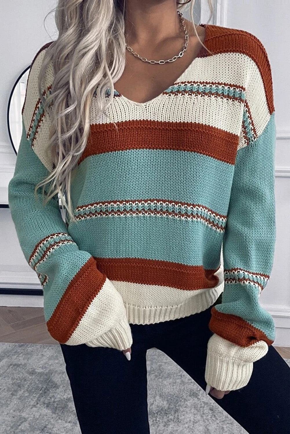 Striped Pattern Knit V Neck Sweater