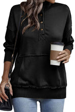 Load image into Gallery viewer, Black Ribbed Hem Snap Button Neckline Sweatshirt with Pocket
