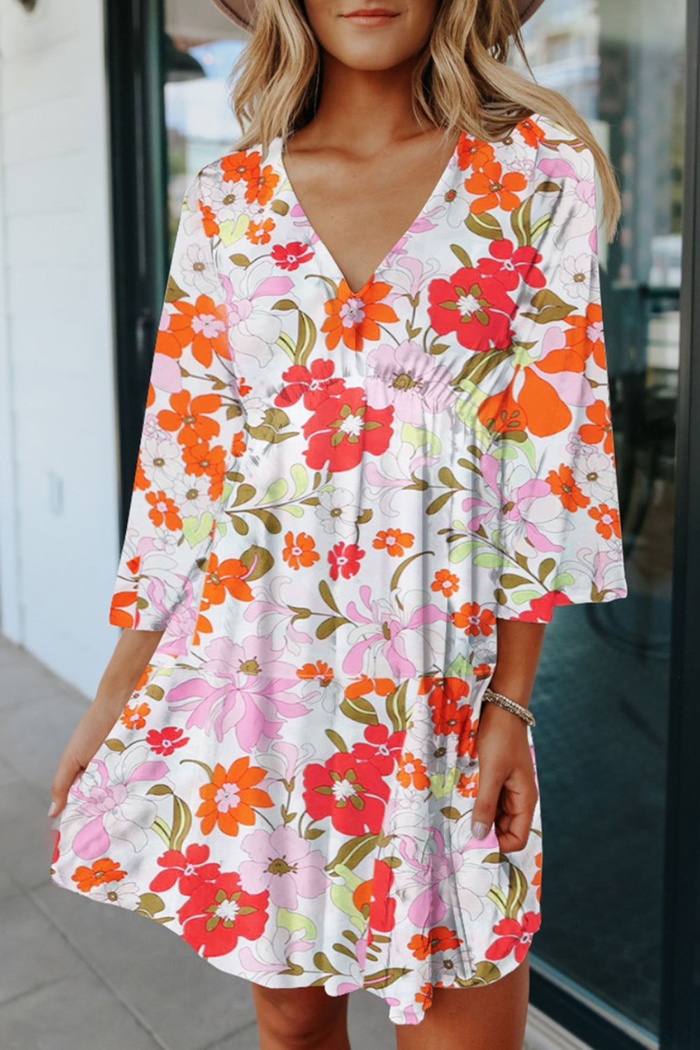 White V Neck 3/4 Sleeve Floral Dress