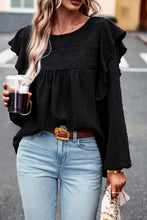 Load image into Gallery viewer, Black Lace Eyelet Ruffle Shoulder Long Sleeve Blouse

