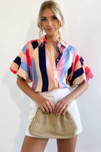 Load image into Gallery viewer, Multicolor Color Block Striped Puff Sleeve Buttoned Shirt
