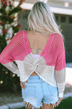 Load image into Gallery viewer, Pink Color Block Eyelet Long Sleeve Twisted Back Knit Top
