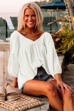 Load image into Gallery viewer, White Textured V Neck Bracelet Sleeve Babydoll Blouse
