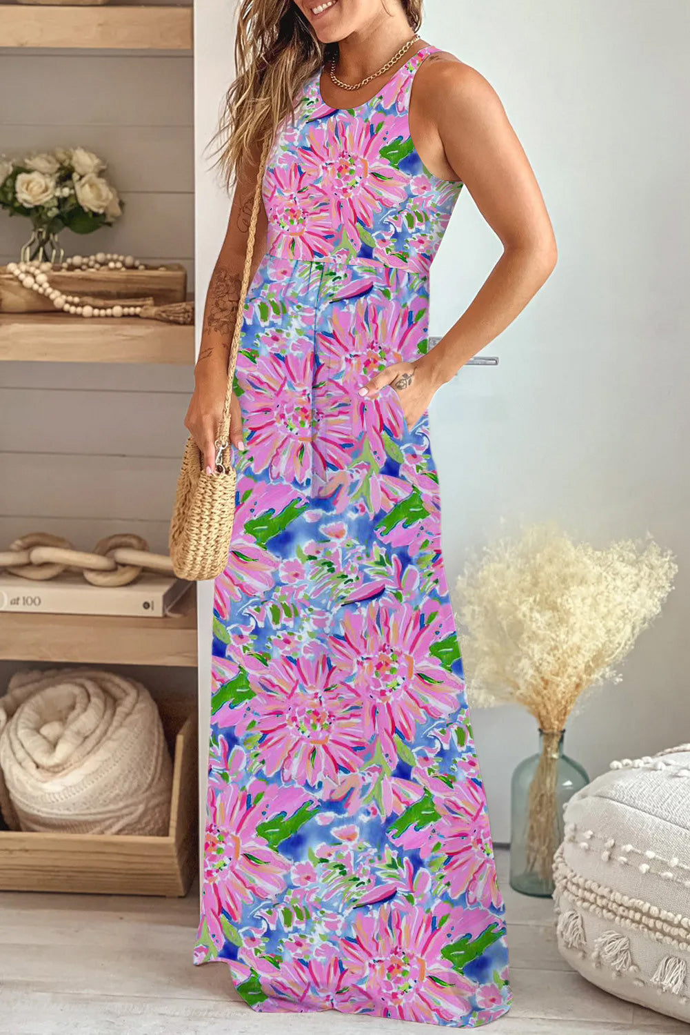Sleeveless High Waist Pocketed Floral Maxi Dress