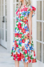 Load image into Gallery viewer, Multicolor Flutter Sleeve V Neck High Waist Floral Midi Dress
