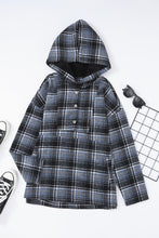 Load image into Gallery viewer, Black Plaid Button Neck Pocketed Pullover Hoodie
