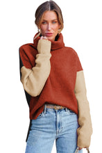 Load image into Gallery viewer, Clay Red Color Block Turtle Neck Drop Shoulder Knit Sweater
