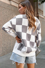 Load image into Gallery viewer, Gray Contrast Checkered Print Button Up Sweater Cardigan

