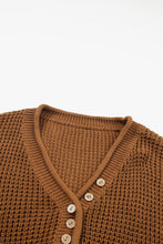 Load image into Gallery viewer, Coffee Pointelle Knit Button V Neck Drop Shoulder Sweater
