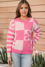 Load image into Gallery viewer, Strawberry Pink Checkered Floral Print Striped Sleeve Sweater
