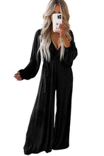 Load image into Gallery viewer, Black Cutout Back Belted V Neck Wide Leg Jumpsuit
