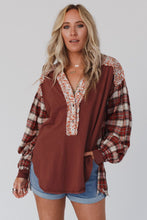 Load image into Gallery viewer, Red Floral Plaid Mixed Print Bishop Sleeve Patchwork Top
