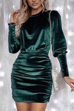Load image into Gallery viewer, Green Velvet Puff Sleeve Ruched Bodycon Dress
