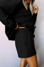 Load image into Gallery viewer, Black Textured Long Sleeve Top and Drawstring Shorts Set
