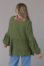 Load image into Gallery viewer, Green Henley Button Drop Shoulder Loose Sleeve Raw Edge Top

