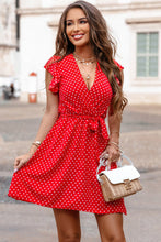 Load image into Gallery viewer, Polka Dot V Neck Ruffle Sleeve Dress
