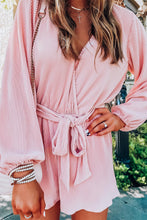 Load image into Gallery viewer, Pink Ripped Surplice V Neck Bubble Sleeve Romper
